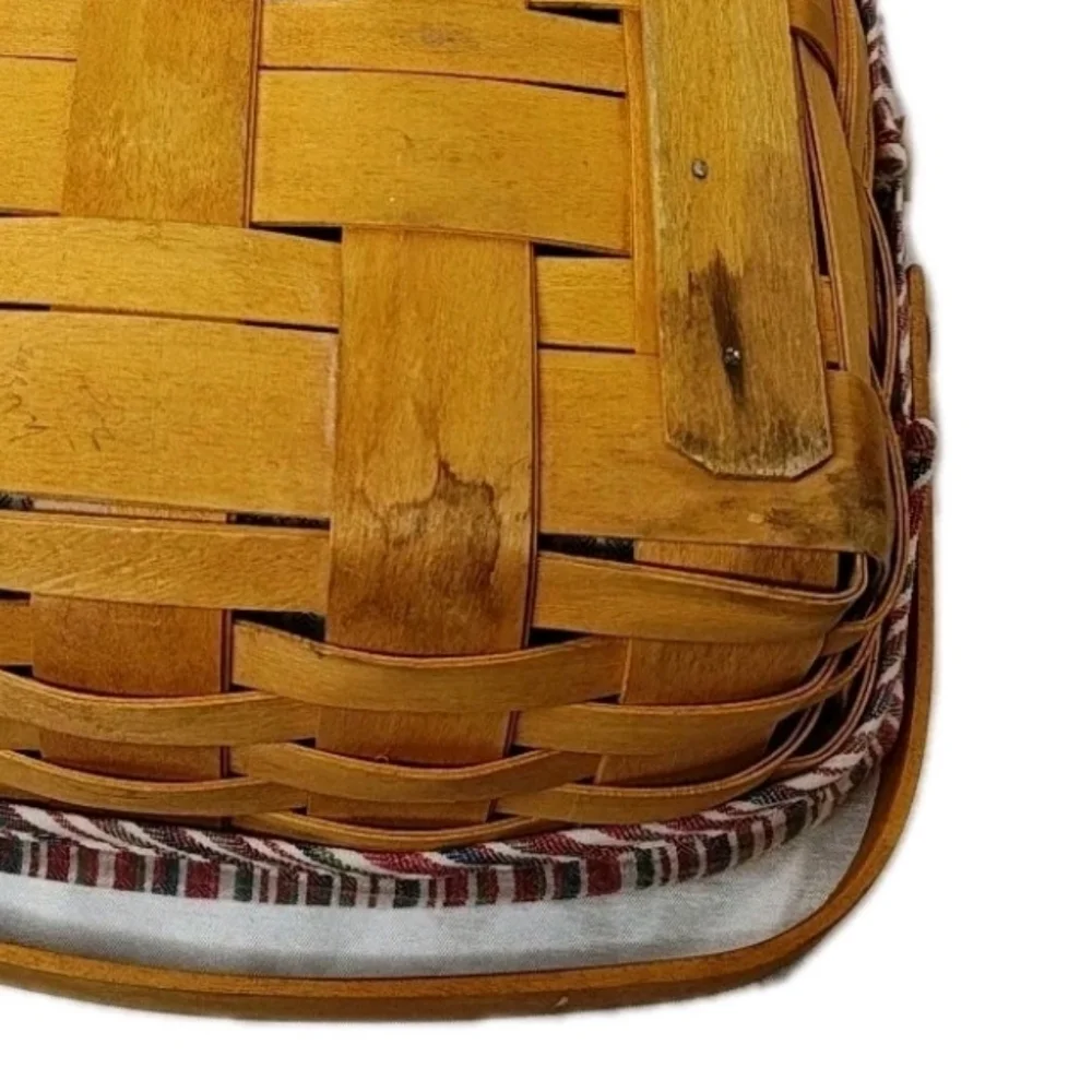 Vtg 90s Longaberger Med Gathering Basket Double Handle Nautical Striped Liner